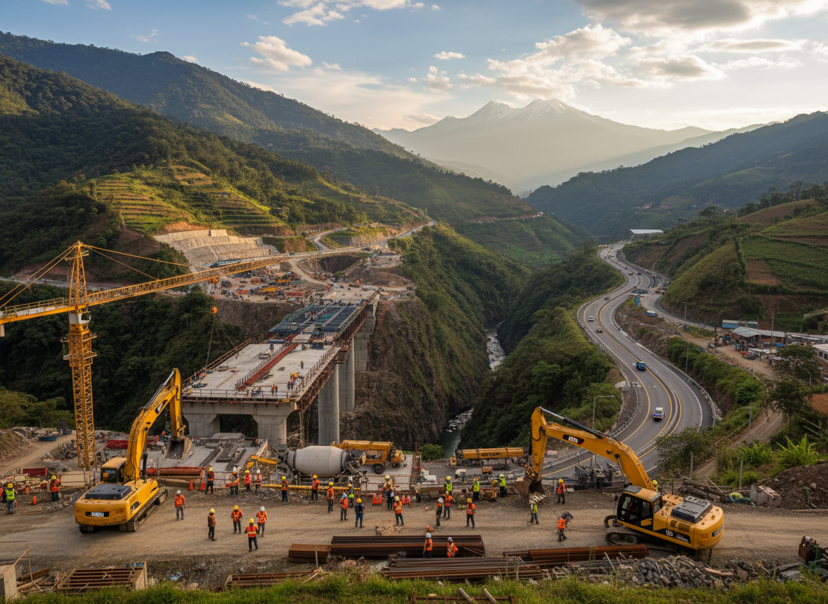 Professional civil engineering construction site showing workers and modern infrastructure equipment, Colombian landscape background, high quality photography