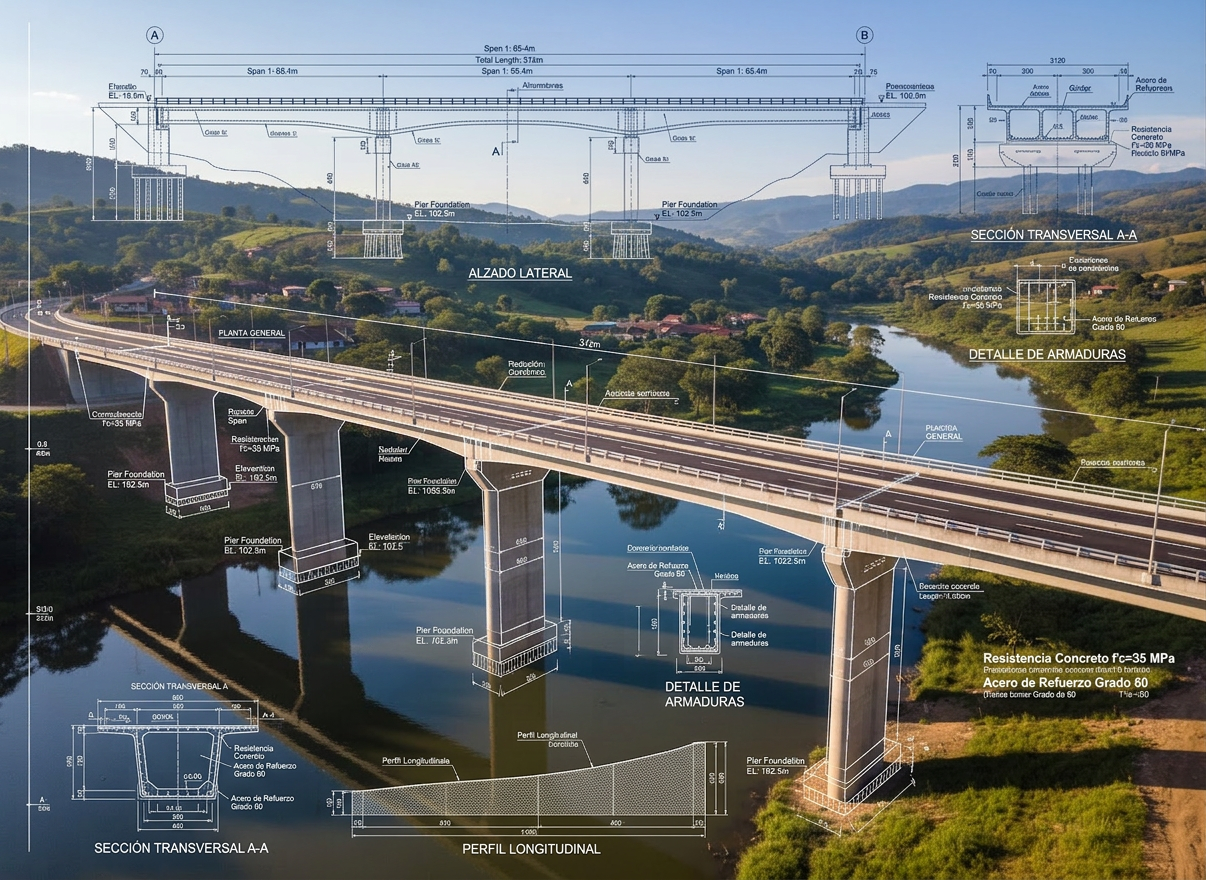 A panoramic photographic scene of a newly completed four-lane vehicular bridge spanning a calm river in the Colombian countryside, its smooth asphalt surface and crisp white lane markings leading the eye toward a distant valley. Elegant concrete piers rise from the water with clean, sculpted lines, while robust guardrails and modern lighting poles add functional detail. Lush green slopes and scattered rural buildings frame the structure, under a clear sky with soft morning light giving gentle highlights and subtle reflections on the river. Captured from an elevated three-quarter angle with sharp focus throughout, the composition communicates reliability, long-term development, and the tangible impact of public engineering on regional connectivity and growth.