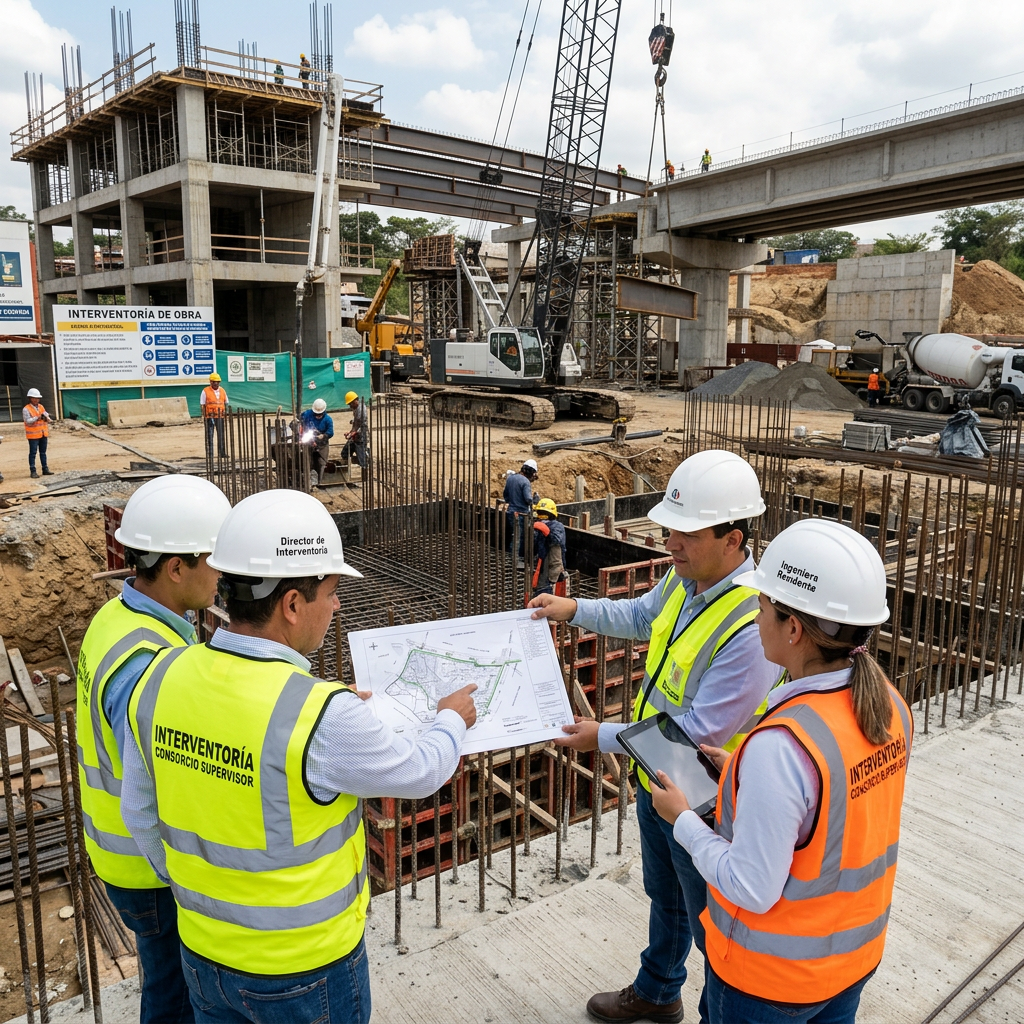 Four construction supervisors in reflective vests and helmets reviewing blueprints at a construction site with workers and machinery in background