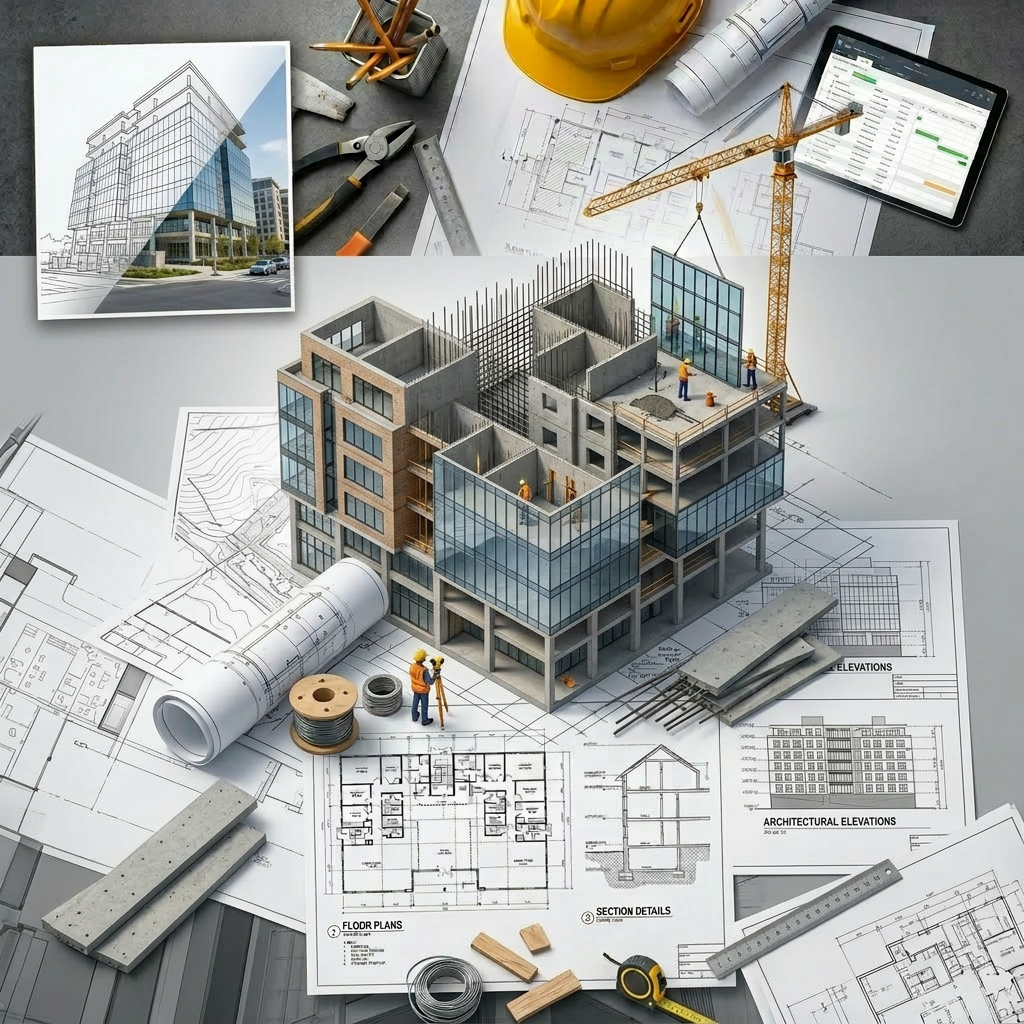 Portfolio of construction projects including commercial office plaza, lakeside residence, highway overpass, loft apartment renovation, and architectural blueprints
