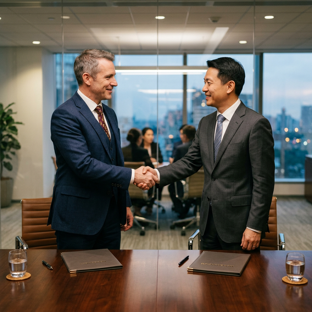 Two businessmen in suits shaking hands over a conference table with documents