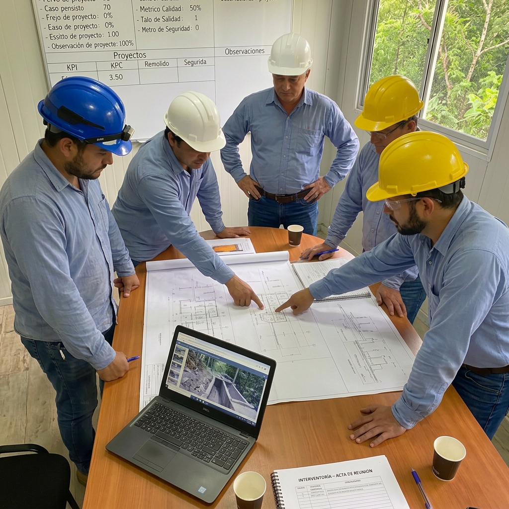 Construction team reviewing project plans Five construction professionals wearing hard hats examining building plans on a table inside a meeting room